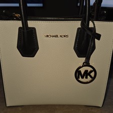 Michael Kors Ivory Black Top Handle Bag Gold Hardware Logo Charm Women