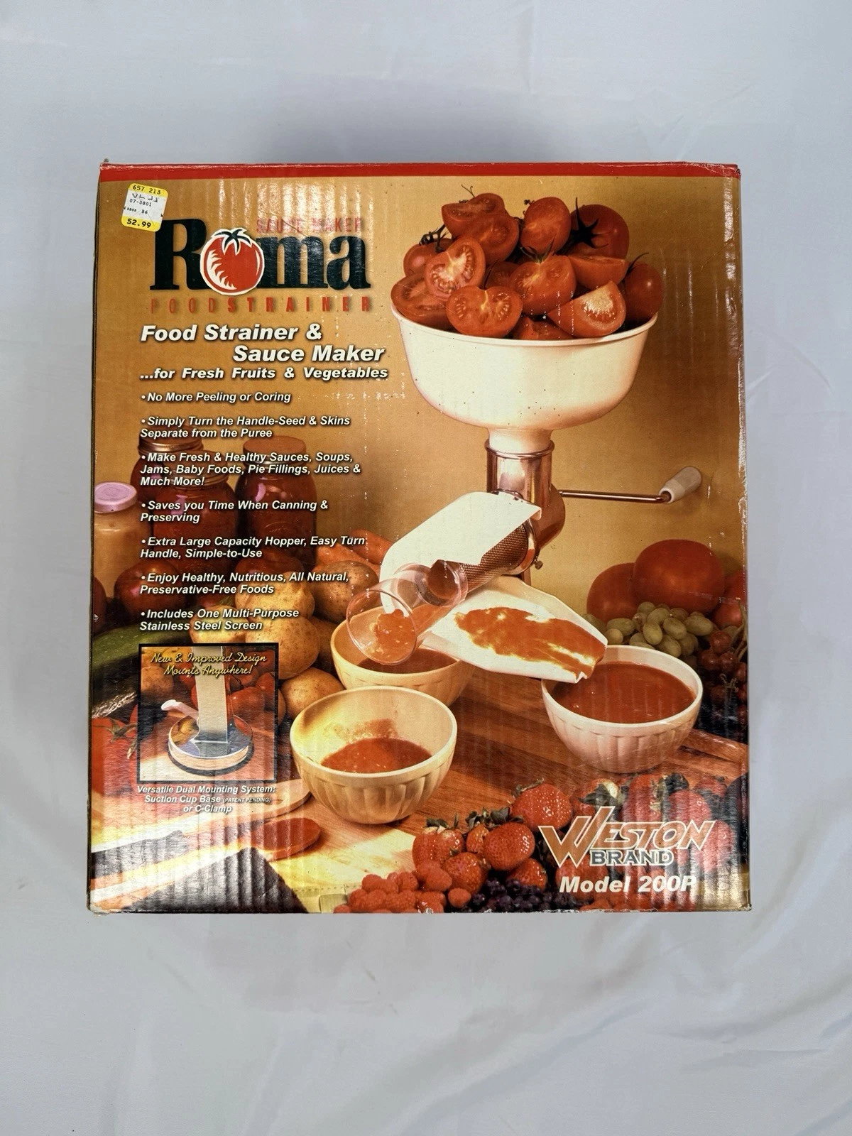 Vintage Roma Food Strainer Sauce Maker Weston 200P NEW Open Box Complete