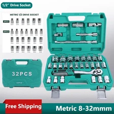 Garage Car Repair Tool 32 Pcs Socket Wrench Set 1/2" Drive Ratchet Metric Kit