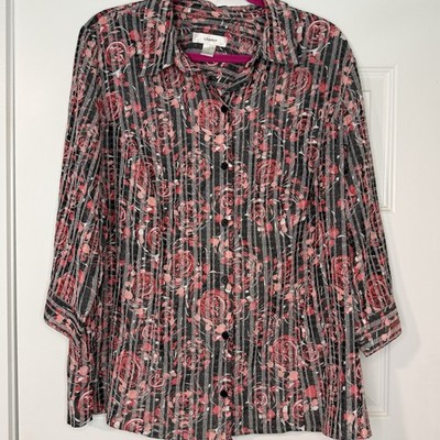 NWT CJ BanksWomens Top Plus Size 1XL Pink Gray Red Floral and Stripe Button Up