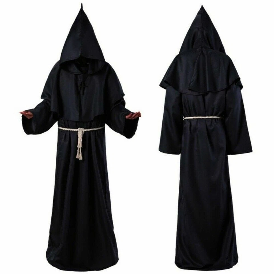 Priest Coat Lace Up Robe Monk Puppet Halloween Wizard Costume Cosplay Cloak Hood - Image 3 of 4