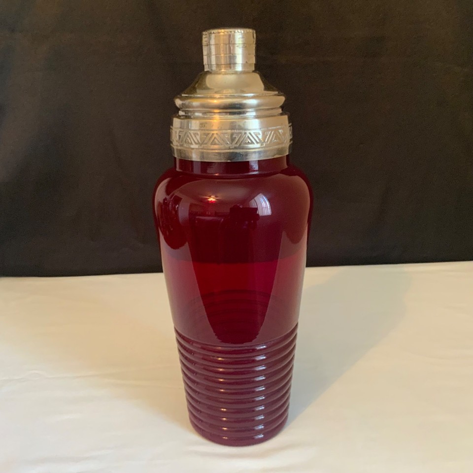 Vintage Ruby Red Glass Cocktail Shaker Art Deco Chrome Top 11 1/2 Inch