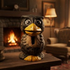 VTG Resin Owl Coin Bank Hand-Painted Novelty Bird Figure Animal Savings Bank 4"