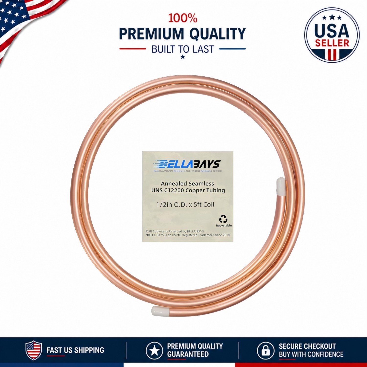 1/2" OD Seamless Copper Tubing 5 ft Coil - 99.9% Pure C12200 for HVAC & DIY