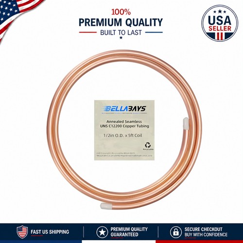 1/2" OD Seamless Copper Tubing 5 ft Coil - 99.9% Pure C12200 for HVAC & DIY