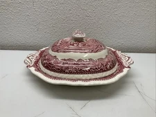 Vintage Mason's Ironstone Red Vista Transferware Oval Serving Bowl With Lid