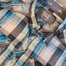 BKE Shirt Mens Large Blue White Plaid Western Pearl Snap Long Sleeve Standard