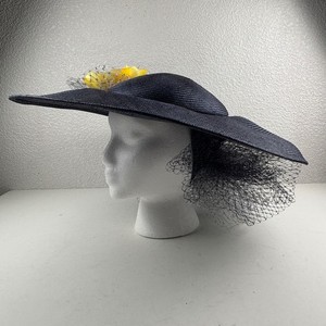 Sonni Wide Brim Hat Womens OS Navy Blue Vintage Floral Netting Straw Derby Party Navy Blue Straw Derby Hat: Silk Flower Trim, Wedding Guest  main image 2