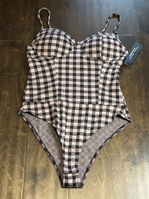 Haute Monde Bodysuit Sz Sm Black Pink Plaid Pattern Spaghetti Adjustable Strap