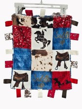 Cowboy Baby Tag Blanket 16x15 Minky Saddle Up Western Security Lovey