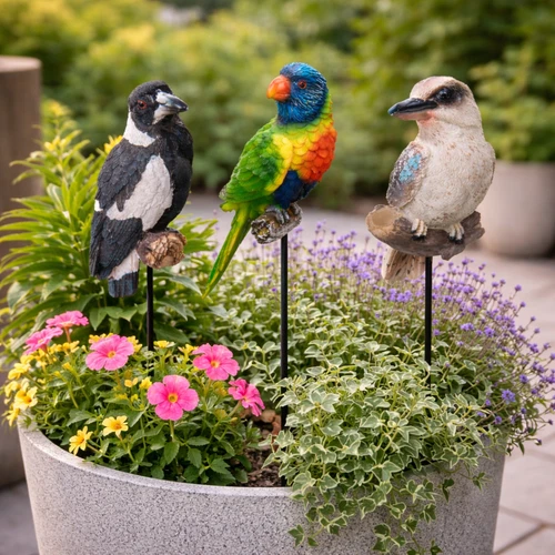 Set of 3 Australian Native Bird Garden Stake Ornament Magpie Parrot & Kookaburra