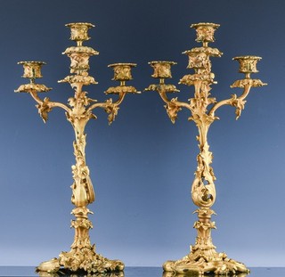 STUNNING LARGE PAIR c1820 FRENCH ROCOCO REVIVAL GOLD GILT BRONZE CANDELABRAS N/R