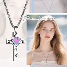 Women's Butterfly Vine Cross Memorial Cremation Urn Necklace for Lost Loved One