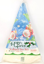 Vtg USA Made Holly Print 42" Christmas Santa Scalloped Tree Skirt Table Cover