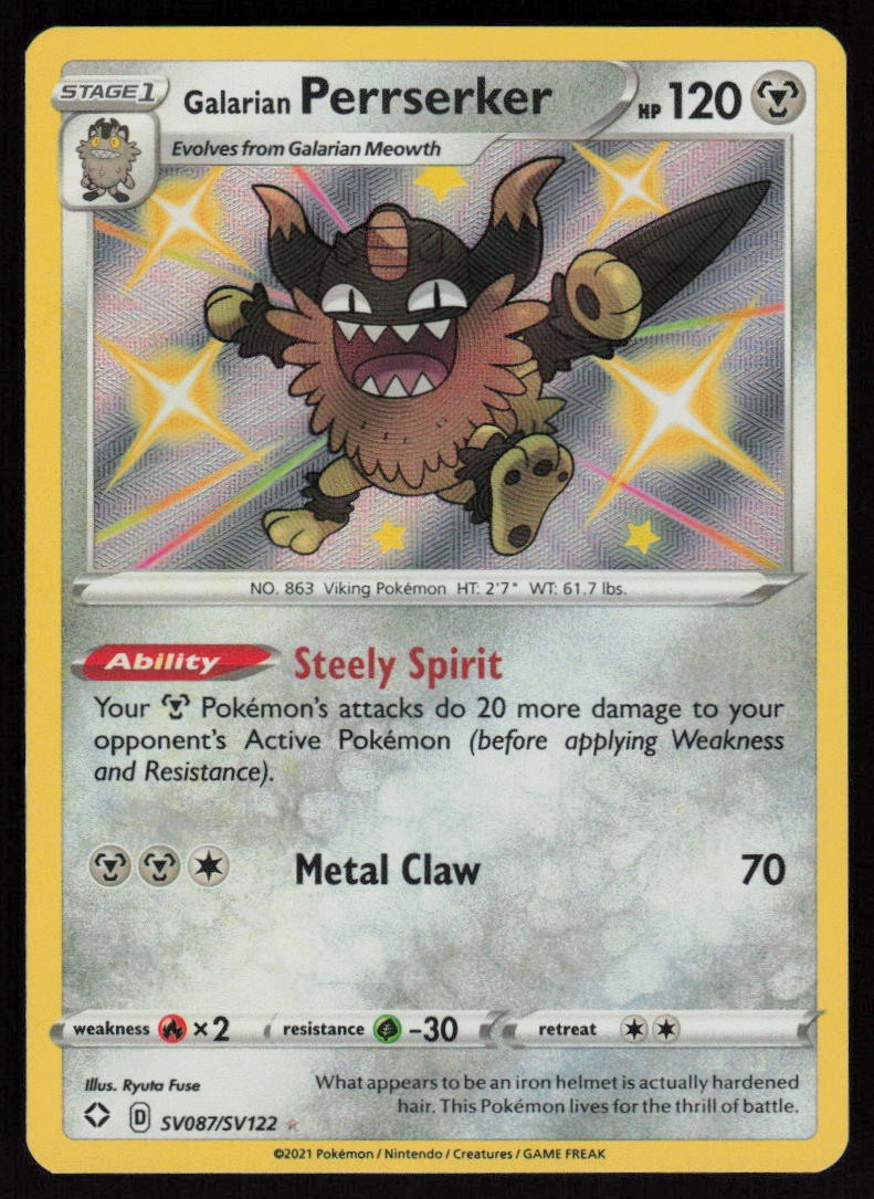 Galarian Perrserker SV087/SV122: Shining Fates Pokemon TCG Near Mint