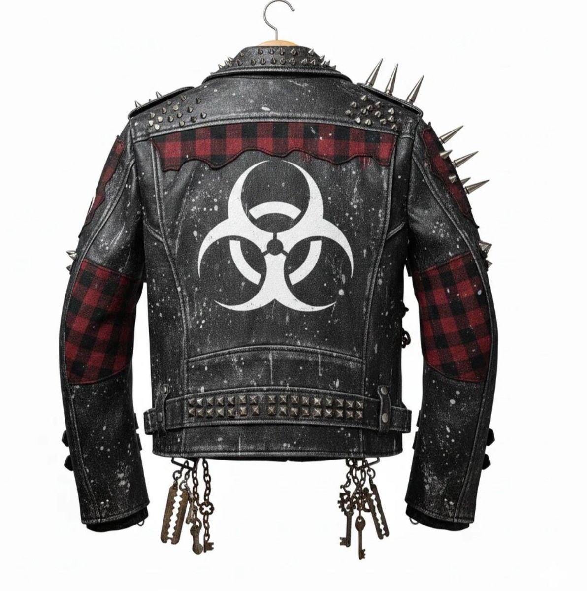 Punk Gothic Spiked Leather Biker Jacket Chains Biohazard Rock