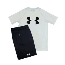 Under Armour Youth XL White  Black Athletic Shorts  Crewneck T-shirt Outfit