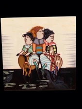 3 Kids Riding Bicycle Roybal Style Vtg Glazed Enamel Art Tile Wood Stand Mount