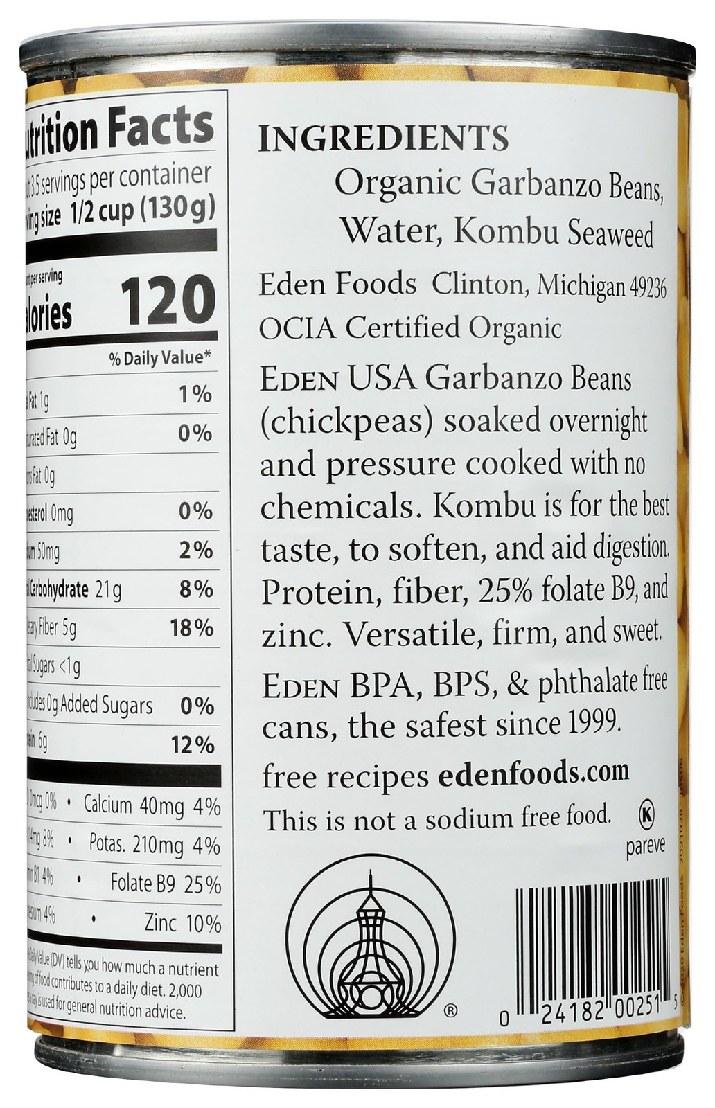 Eden Foods Organic Garbanzo Beans Low Sodium Non Gmo Vegan 15 Ounce Can