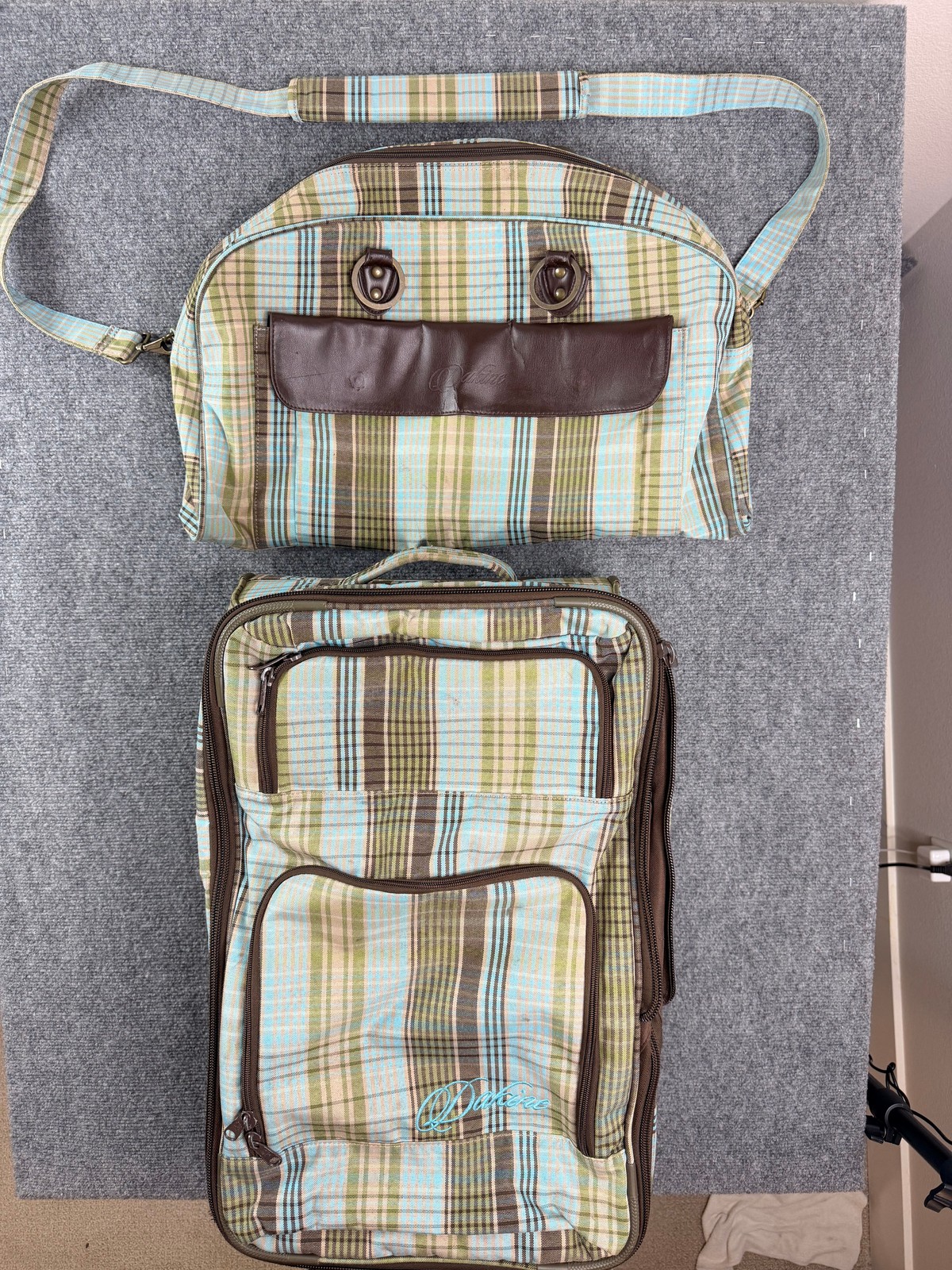 Set Rolling Suitcase Shoulder Bag Blue Plaid Travel
