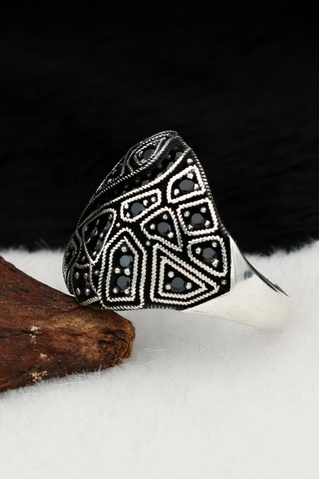 Anillo para hombre Micro Piedra Sólida Plata de Ley 925 Circón Negro Foto 4 de 4