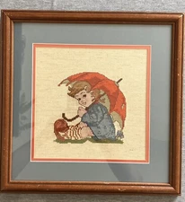 Completed Hummel Counted Cross Stitch Framed Picture  Double Matted glass 14x14