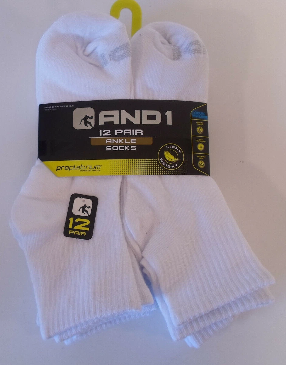 LIGHTWEIGHT STYLE AND1 White 12 Pair ProPlatinum Ankle Socks