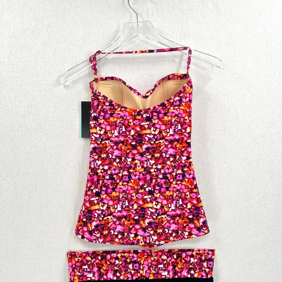 PROFILE Ruched Print Halter Tankini Swimsuit Women 10 Pink Black Convertible NEW - Image 4 of 4