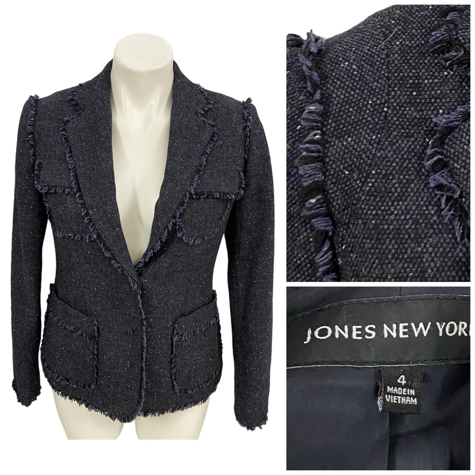 Jones New York Blazer 女式 4 蓝色粗花呢条纹工作办公室旧钱学院风 — 第 2/4 张图片