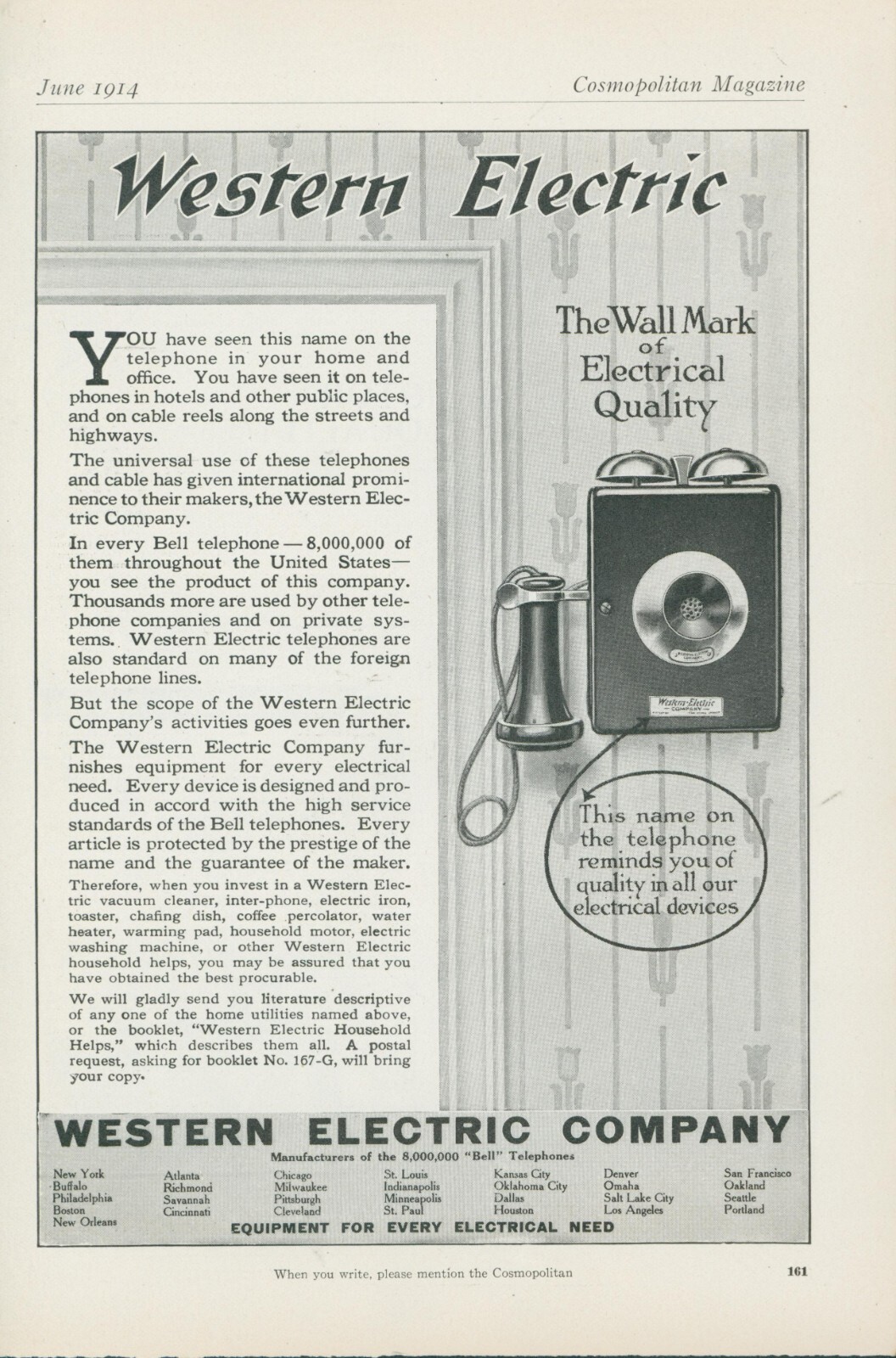 1914 Western Electric Wall Telephone Electrical Quality Vtg Print Ad CO6