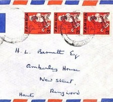 ZAMBIA Cover 1964 3d COTTON-PICKER strip{3} Air Mail Devon Gift Company XX83