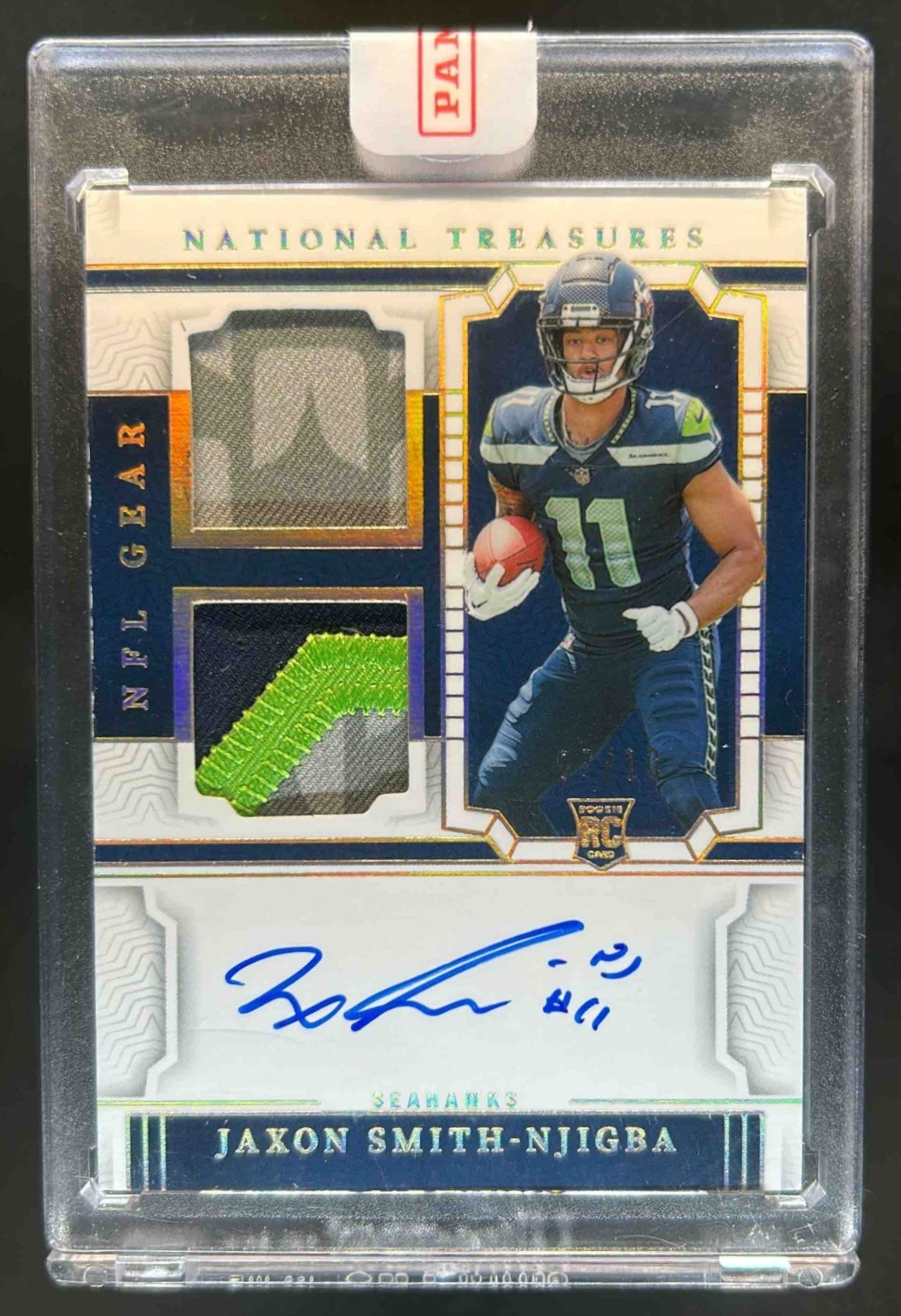 Jaxon Smith-Njigba Panini National Treasures Rookie NFL Gear Signatures Combos #JSN Holo Gold