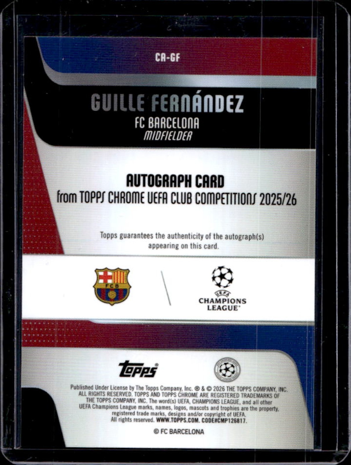 2025-26 Topps Chrome UEFA Guille Fernandez Auto RC Purple Refractor Rookie #/75 view 2