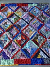 Vtg Handmade Scrappy String Quilt, Primary Colors, 73x65, 1970s, Child s Quilt