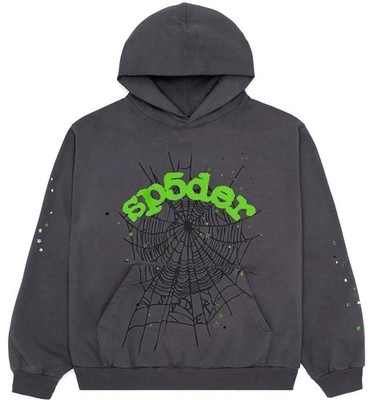 sp5der L Gray Cotton Fleece Pullover Hoodie Spider Web Graphic Green Logo