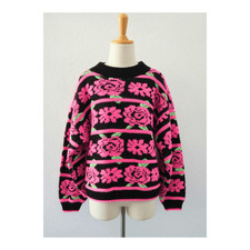 Vintage Girl's Hot Pink & Black Rose Knit Novelty Sweater - 90s Pullover - Small