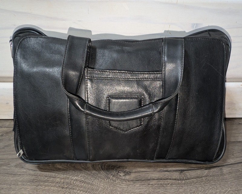 Black Top Grain Leather Briefcase Laptop Messenger Business Bag Multi Pocket