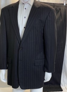 Hickey Freeman Collection Mens Wool Black Pinstripe Suit Size 43L Waist 34x30