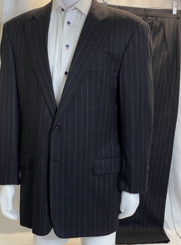 Hickey Freeman Collection Mens Wool Black Pinstripe Suit Size 43L Waist 34x30