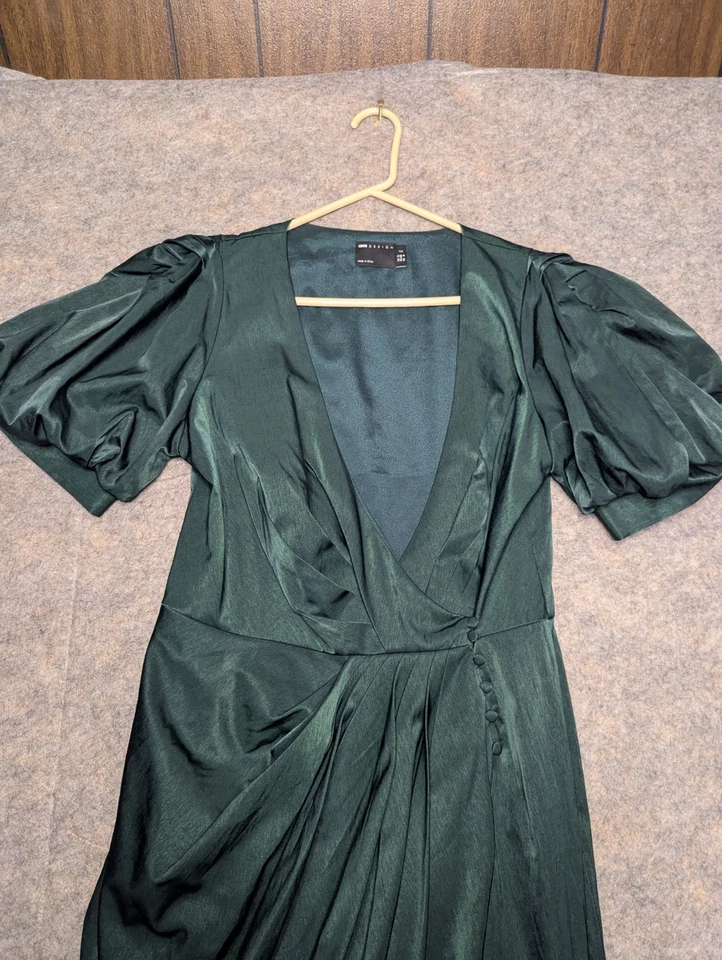 Vestido midi envolvente con drapeado estructurado verde manga abullonada de ASOS - talla 8 fiesta navideña Foto 4 de 4