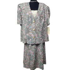 Vintage Paisley Floral Skirt Suit Set Purple Blue Short Sleeve Blazer Midi NEW