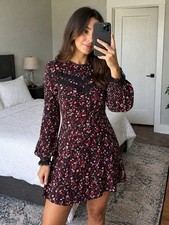 Express Floral Mini Dress Black Red Lace Trim Long Sleeve Women S