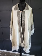 Tejidos Ruiz 100 Wool And Cotton Long Fringe Poncho With Wood Button, One Size