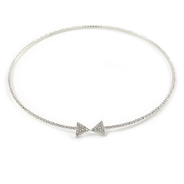 Delicate Clear Austrian Crystals Slim Flex Choker Necklace In Rhodium Plating