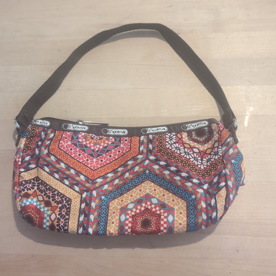 LeSportsac Geometric Multi Color Tribal Small Purse Bag Brown Trim Pockets