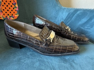 Stuart Weitzman Brown Croc Embossed Horsebit Loafer Heels 9.5 AA Spain