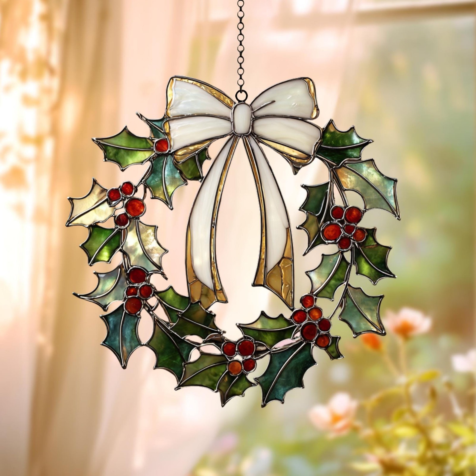Christmas Holly Wreath Acrylic Suncatcher Festive Holiday Stained Glass Window