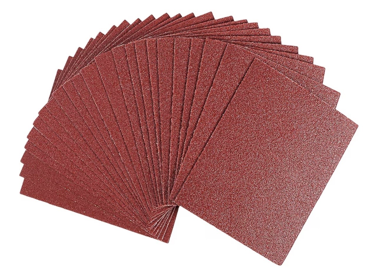 50 Pack 1/4 Sandpaper Sheet &ndash; 4-1/2&rdquo; x 5-1/2&rdquo;, P60 Grit, Red Aluminum Oxide, Pla