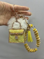 Bag Charm Key Chain Gold  Yellow Crystal Purse W White Pom Pom  Wood Bracelet