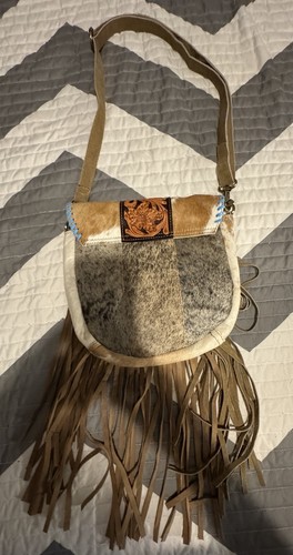 Leather Crossbody Bag W/Hsir On Cowhide Teal Lacing & Fringe NEW - Picture 5 of 14
